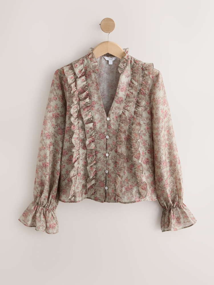 Sage Green Floral Print Ruffle Detail Long Sleeve Blouse - Image 1 of 3