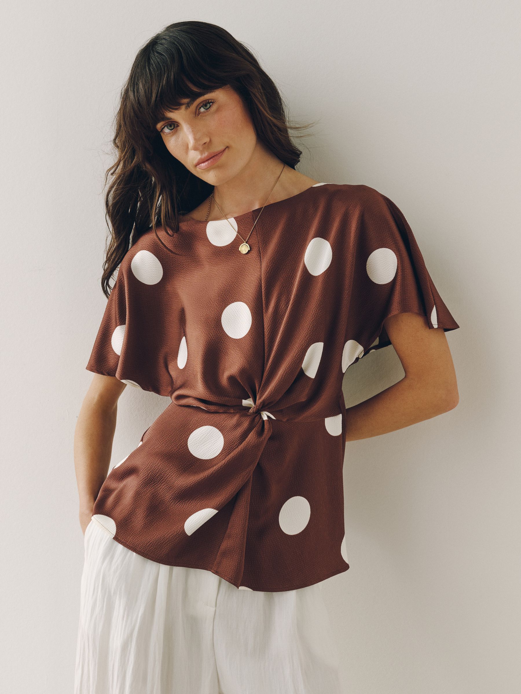 Buy Chocolate Brown/Ecru Polka Dot Textured Satin Short Sleeve