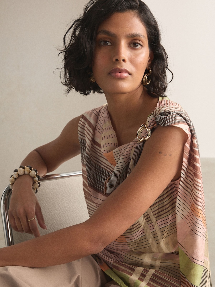 Pink/Green Stripe Hardware Trim Sleeveless Draped Top - Image 1 of 8 Pink/Green Stripe Hardware Trim Sleeveless Draped Top - Image 1 of 8