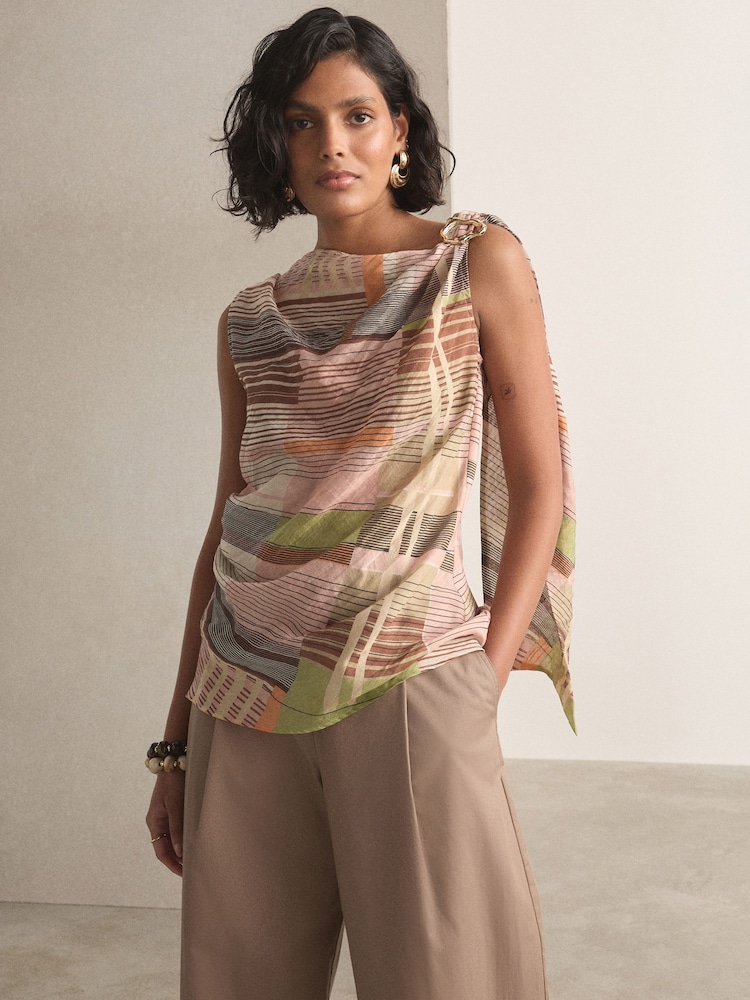 Pink/Green Stripe Hardware Trim Sleeveless Draped Top - Image 2 of 8 Pink/Green Stripe Hardware Trim Sleeveless Draped Top - Image 2 of 8