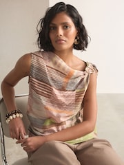 Pink/Green Stripe Hardware Trim Sleeveless Draped Top - Image 5 of 8