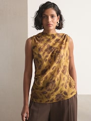 Green Floral Print Hardware Trim Sleeveless Draped Top - Image 1 of 5