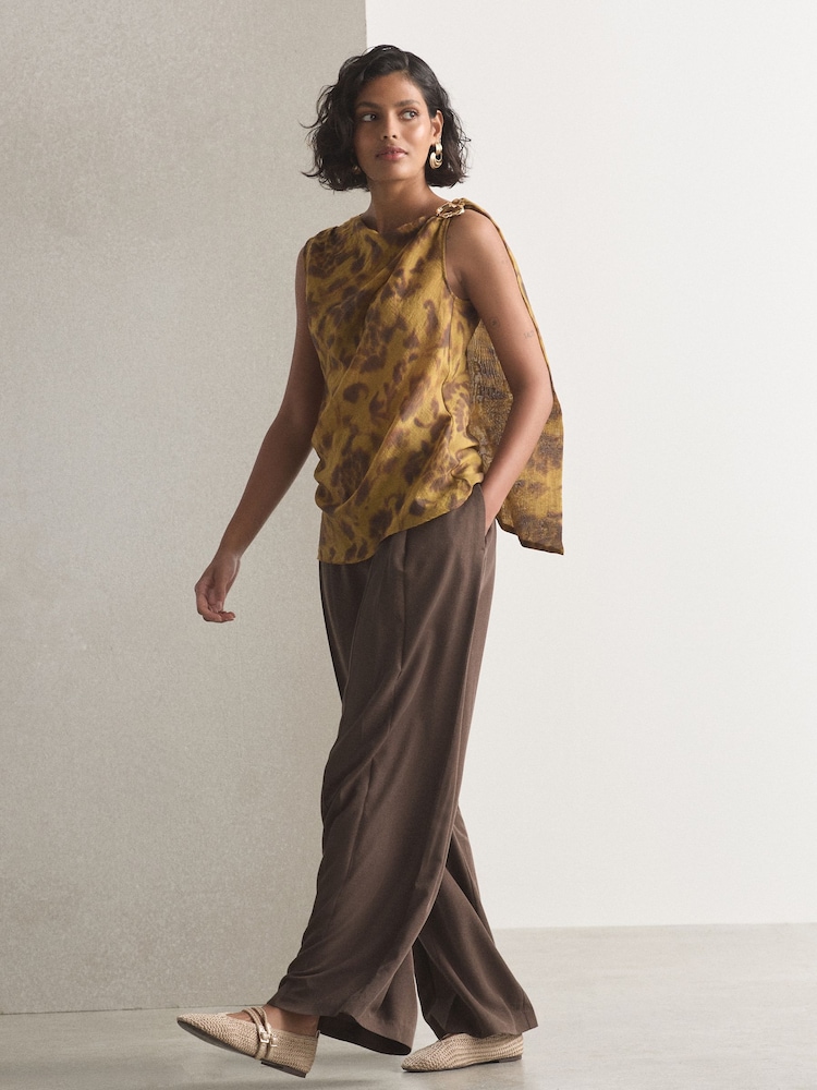 Green Floral Print Hardware Trim Sleeveless Draped Top - Image 2 of 5 Green Floral Print Hardware Trim Sleeveless Draped Top - Image 2 of 5