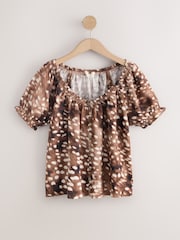 Принт коричневого оленя - Puff Sleeve Bardot Top with Linen - Image 6 of 8