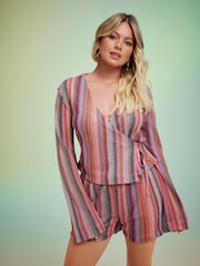 Pink Stripe Long Sleeve Sparkle Knitlook Tie-Front Wrap Top - Image 1 of 11