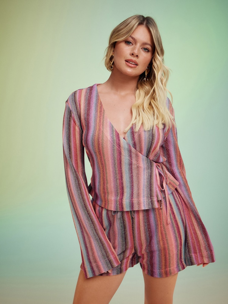 Pink Stripe Long Sleeve Sparkle Knitlook Tie-Front Wrap Top - Image 1 of 11