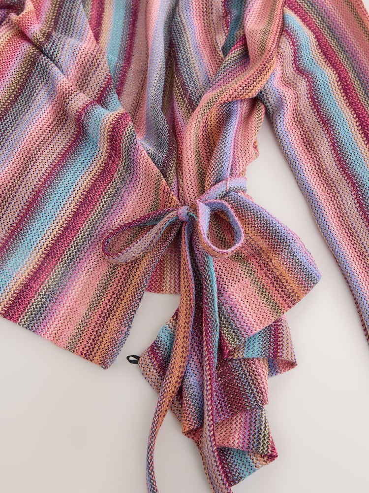 Pink Stripe Long Sleeve Sparkle Knitlook Tie-Front Wrap Top - Image 11 of 11