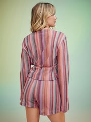 Pink Stripe Long Sleeve Sparkle Knitlook Tie-Front Wrap Top - Image 6 of 11