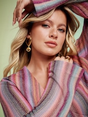 Pink Stripe Long Sleeve Sparkle Knitlook Tie-Front Wrap Top - Image 7 of 11