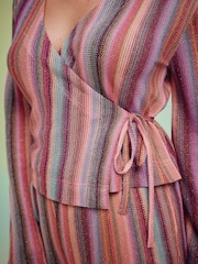 Pink Stripe Long Sleeve Sparkle Knitlook Tie-Front Wrap Top - Image 8 of 11