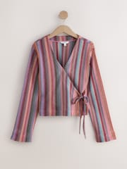 Pink Stripe Long Sleeve Sparkle Knitlook Tie-Front Wrap Top - Image 9 of 11