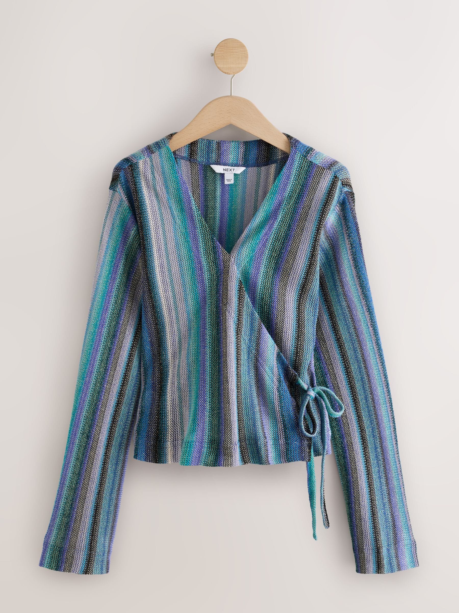 Buy Blue Stripe Long Sleeve Sparkle Knitlook Tie-Front Wrap Top