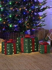 Festive Set of 3 Bo Lit Green Parcels With Red Bow-WW LED - Image 1 of 1
