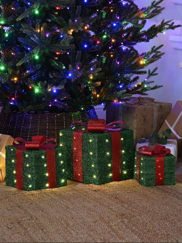 Festive Set of 3 Bo Lit Green Parcels With Red Bow-WW LED - Image 1 of 1 Festive Set of 3 Bo Lit Green Parcels With Red Bow-WW LED - Image 1 of 1