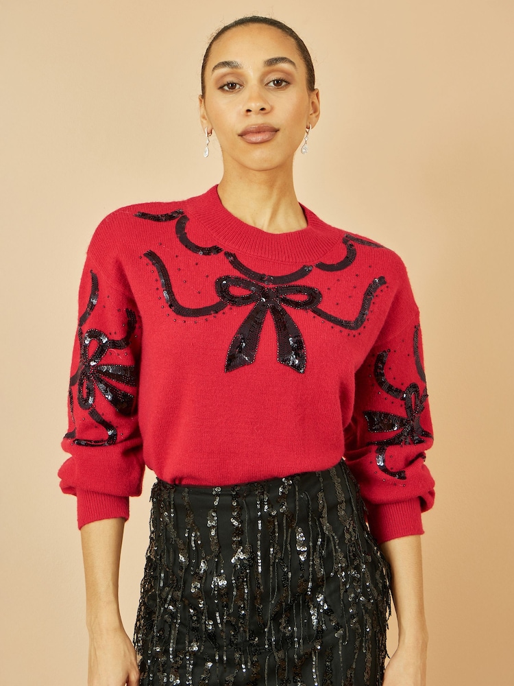Yumi Red Sequinned Bow Neckline Jumper - Image 1 of 4 Yumi Red Sequinned Bow Neckline Jumper - Image 1 of 4