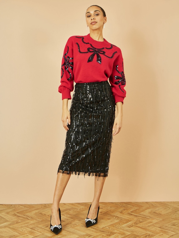 Yumi Red Sequinned Bow Neckline Jumper - Image 2 of 4 Yumi Red Sequinned Bow Neckline Jumper - Image 2 of 4