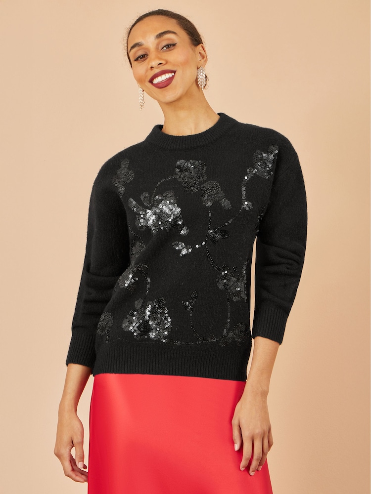 Yumi Black Relaxed Knitted Jumper With Sequin Detail - Image 1 of 4 Yumi Black Relaxed Knitted Jumper With Sequin Detail - Image 1 of 4