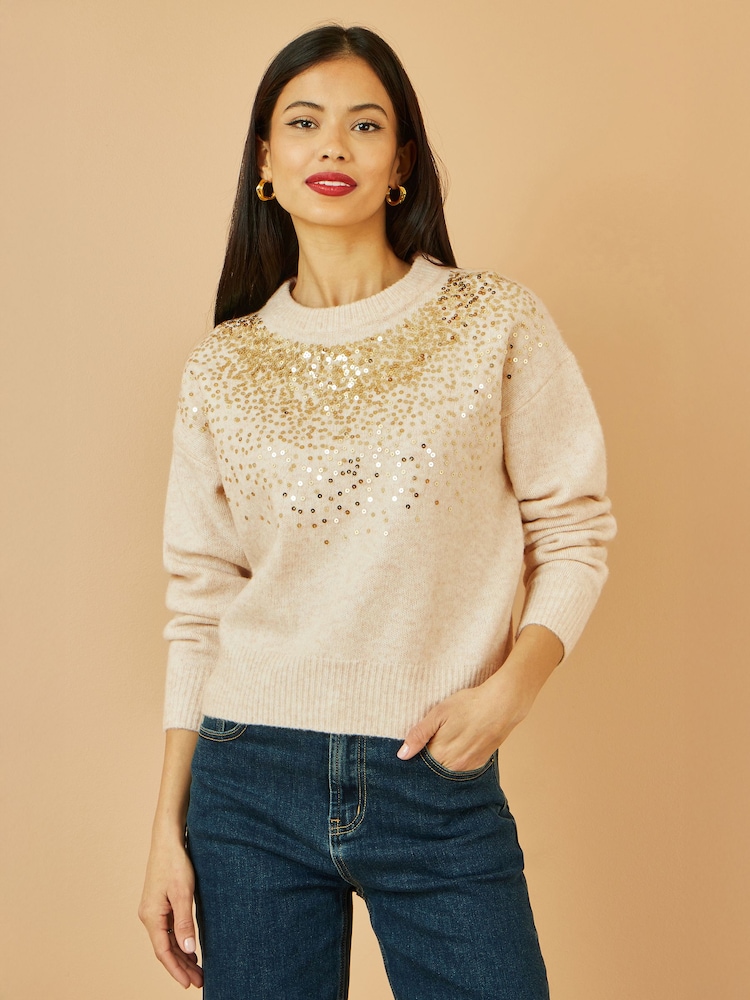 Yumi Natural Relaxed Knitted Jumper With Scattered Sequin Neckline - Image 1 of 5 Yumi Natural Relaxed Knitted Jumper With Scattered Sequin Neckline - Image 1 of 5
