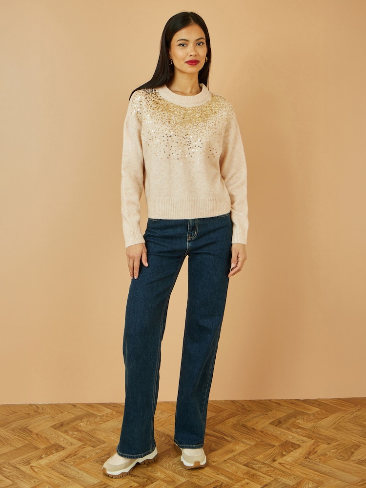 Yumi Natural Relaxed Knitted Jumper With Scattered Sequin Neckline - Image 2 of 5 Yumi Natural Relaxed Knitted Jumper With Scattered Sequin Neckline - Image 2 of 5