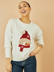 Yumi White Christmas Jumper With Applique Snowman - Image 1 of 4