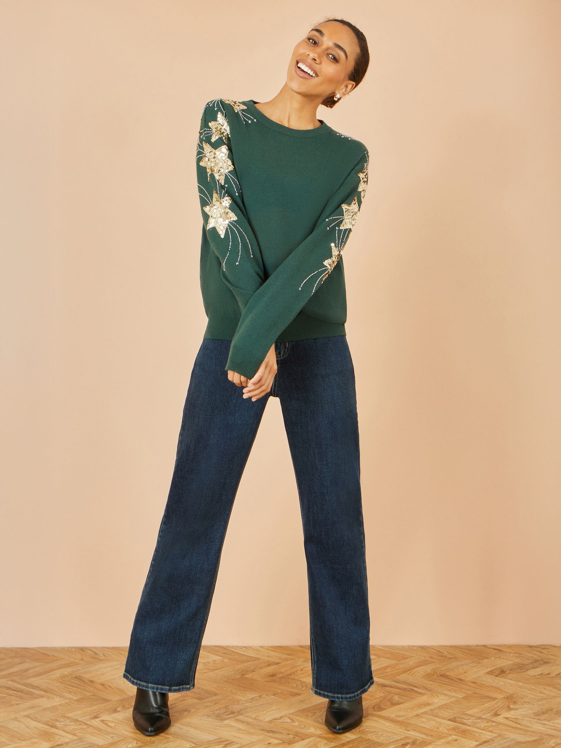 Buy Yumi Green Relaxed Fit Jumper With Sequin Star Sleeves from