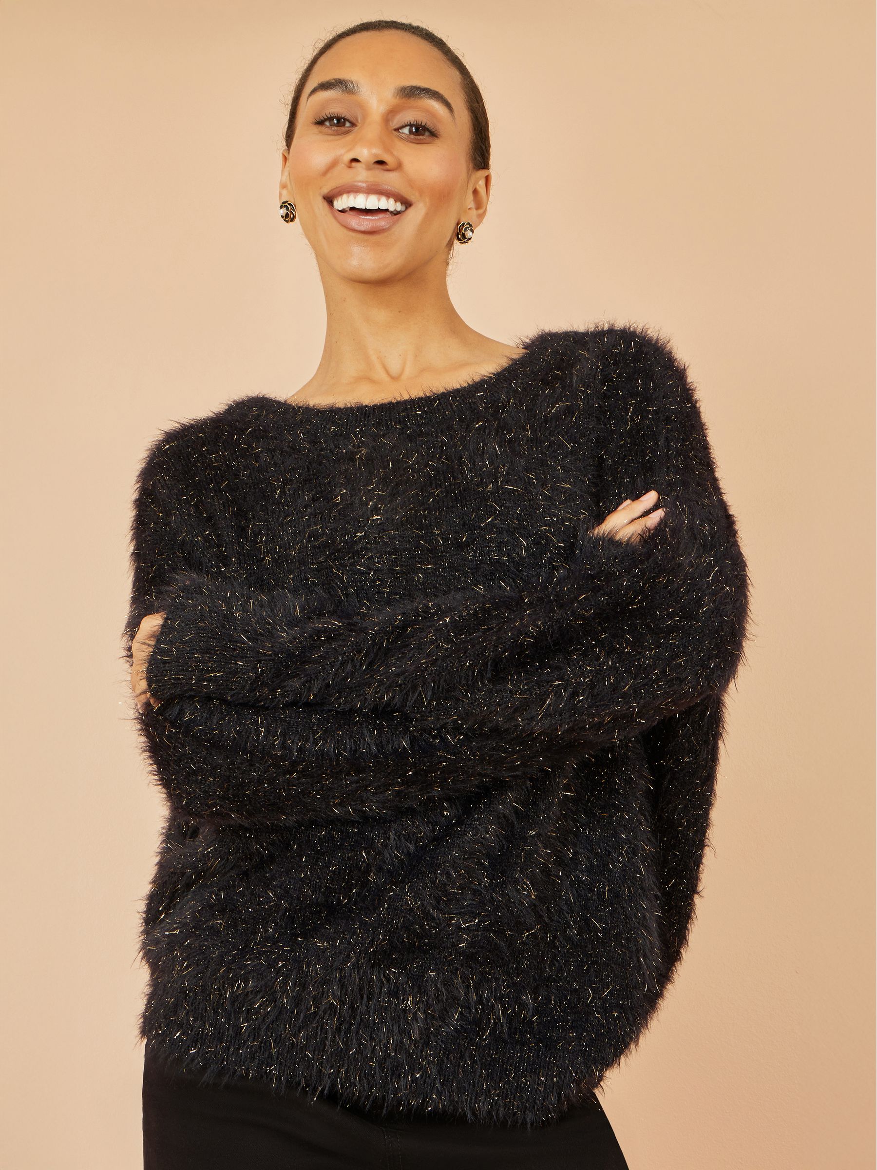 Yumi Women's Black Metallic Fluffy Eyelash Relaxed Jumper - Image 1
