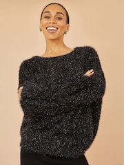 Yumi Black Metallic Fluffy Eyelash Relaxed Jumper - Image 1 of 4