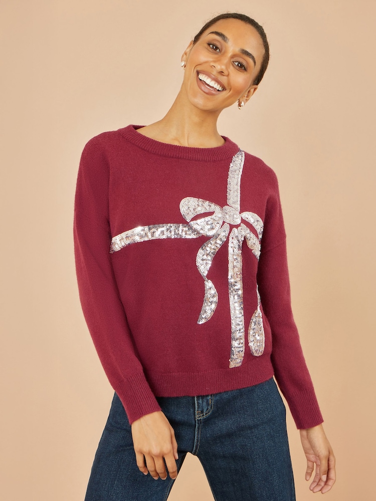 Yumi Red Sequin Bow Knitted Jumper - Image 1 of 4 Yumi Red Sequin Bow Knitted Jumper - Image 1 of 4