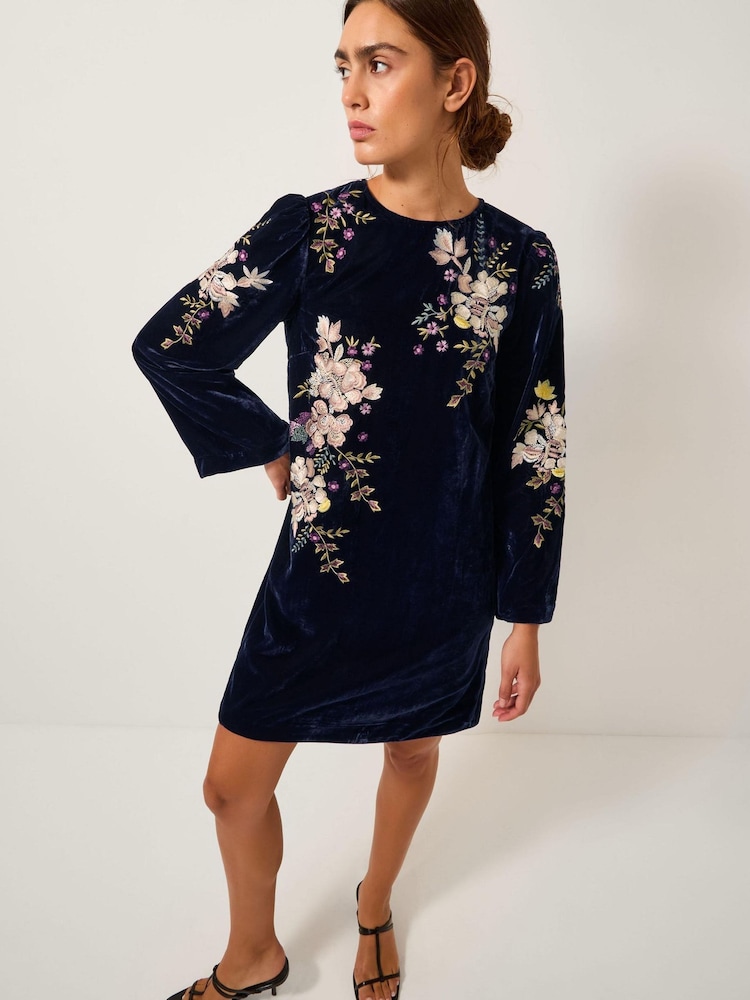 Monsoon Blue Fallon Floral Embroidered Velvet Mini Dress - Image 1 of 4 Monsoon Blue Fallon Floral Embroidered Velvet Mini Dress - Image 1 of 4
