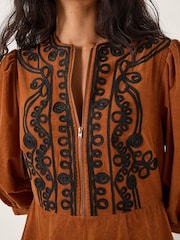 Monsoon Brown Leah Embroidered Corduroy Midi Dress - Image 3 of 4