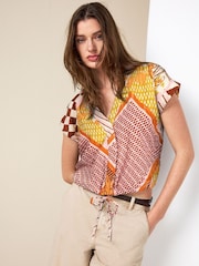 Ochre Geo Print Textured V-Neck Tie Front Short Sleeve Top - Image 1 of 4