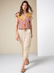 Ochre Geo Print Textured V-Neck Tie Front Short Sleeve Top - Image 2 of 4