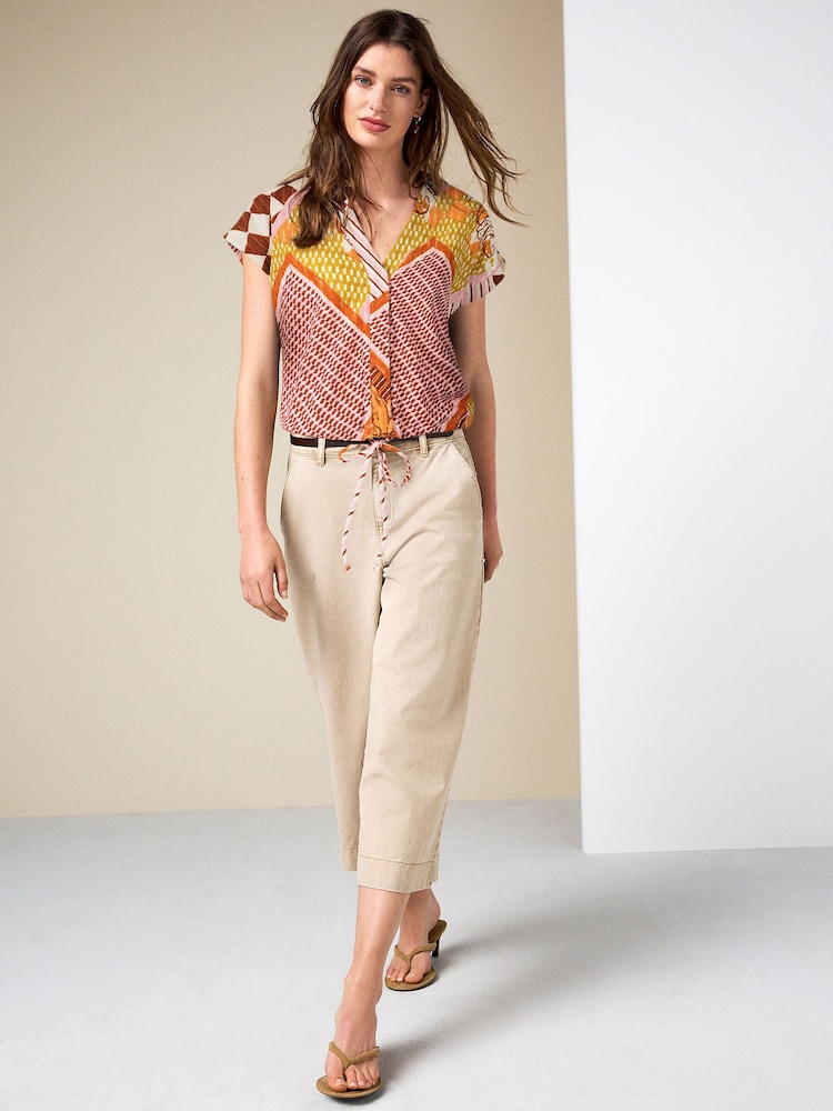 Ochre Geo Print Textured V-Neck Tie Front Short Sleeve Top - Image 2 of 4 Ochre Geo Print Textured V-Neck Tie Front Short Sleeve Top - Image 2 of 4