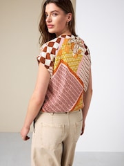 Ochre Geo Print Textured V-Neck Tie Front Short Sleeve Top - Image 3 of 4