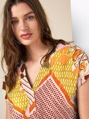 Ochre Geo Print Textured V-Neck Tie Front Short Sleeve Top - Image 4 of 4