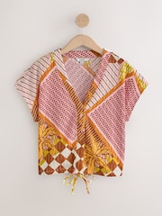 Ochre Geo Print Textured V-Neck Tie Front Short Sleeve Top - Image 5 of 7