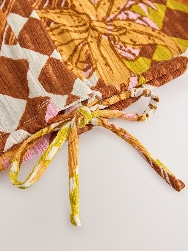 Ochre Geo Print Textured V-Neck Tie Front Short Sleeve Top - Image 7 of 7 Ochre Geo Print Textured V-Neck Tie Front Short Sleeve Top - Image 7 of 7