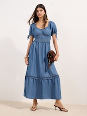 Friends Like These Mid Wash Puff Sleeve Tired Hem Chambray Denim Maxi Dress - Image 4 of 4