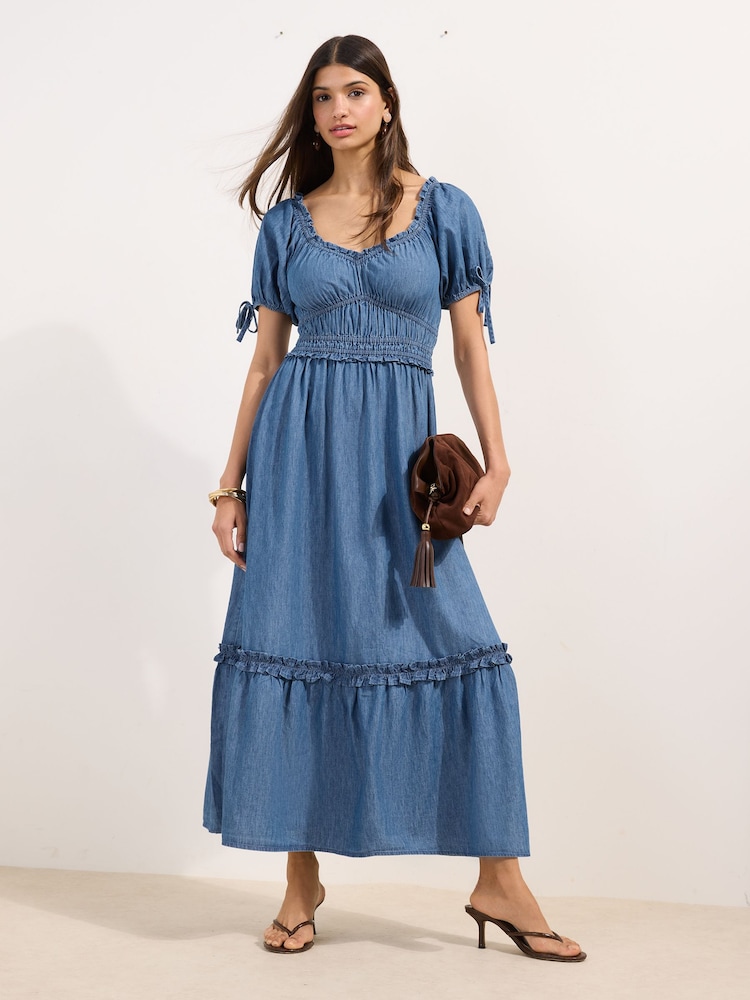 Friends Like These Mid Wash Puff Sleeve Tired Hem Chambray Denim Maxi Dress - Image 4 of 4