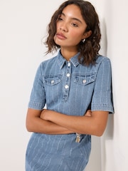 Friends Like These Textured Mid Wash Denim A-Line Mini Dress - Image 2 of 4
