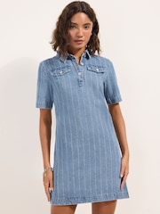 Friends Like These Textured Mid Wash Denim A-Line Mini Dress - Image 3 of 4
