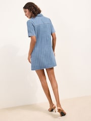 Friends Like These Textured Mid Wash Denim A-Line Mini Dress - Image 4 of 4