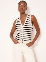 Lipsy Black/White V-Neck Stripe Buttoned Sleevless Knit Waistcoat - Image 1 of 5
