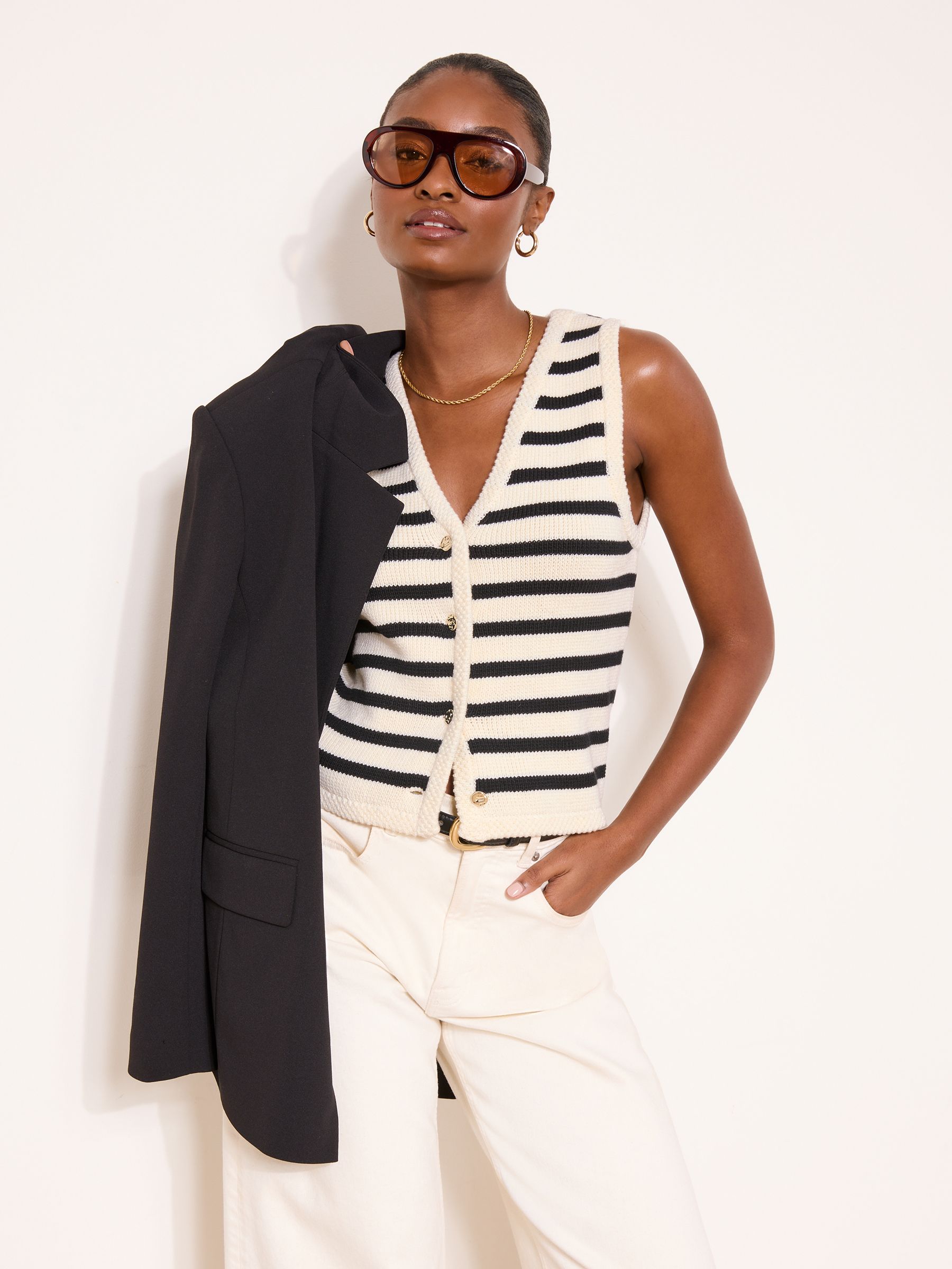 Buy Lipsy Black/White V-Neck Stripe Buttoned Sleevless Knit
