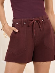 Friends Like These Burgundy Red Denim Utility Tie Detail Shorts - Image 2 of 6
