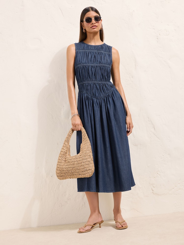 Friends Like These Rinse Wash Midaxi Shirred Waist Chambray Dress - Image 1 of 5 Friends Like These Rinse Wash Midaxi Shirred Waist Chambray Dress - Image 1 of 5