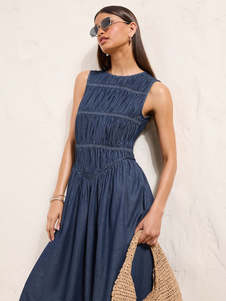 Friends Like These Rinse Wash Midaxi Shirred Waist Chambray Dress - Image 2 of 5 Friends Like These Rinse Wash Midaxi Shirred Waist Chambray Dress - Image 2 of 5