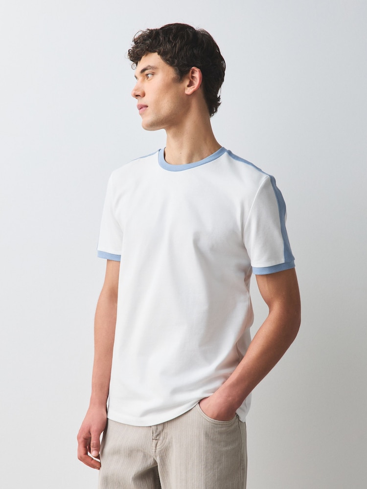 Ecru White/Blue Over Arm Stripe Ringer T-Shirt - Image 1 of 8 Ecru White/Blue Over Arm Stripe Ringer T-Shirt - Image 1 of 8