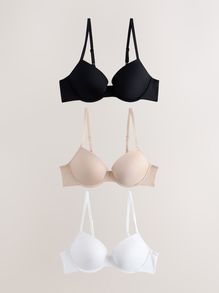 Black/White/Almond Nude Push Up A-E Ultimate Comfort Smoothing T-Shirt Bras 3 Pack - Image 1 of 6 Black/White/Almond Nude Push Up A-E Ultimate Comfort Smoothing T-Shirt Bras 3 Pack - Image 1 of 6