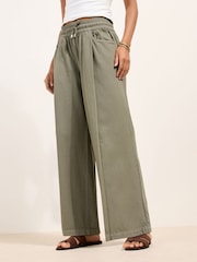 Friends Like These Khaki Green Shirred Tie Waist Wide Leg Trousers - Image 2 of 4